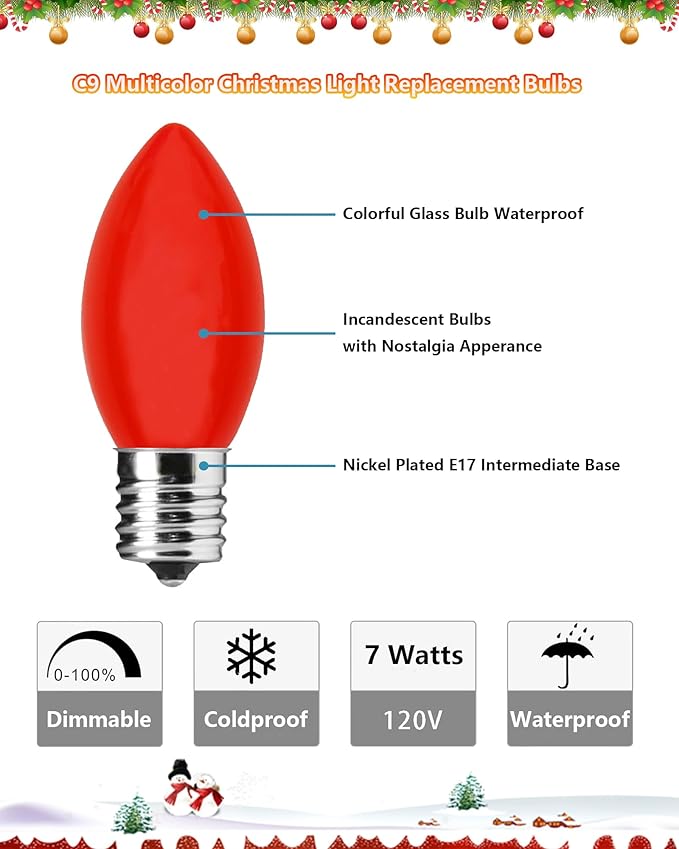 C9 Christmas Light Bulbs 25 Pack, C9 Ceramic Multicolor Replacement Bulb Incandescent Light Bulbs, E17/C9 Intermediate Base Bulb for Patio Outdoor Christmas String Lights, 7 Watts