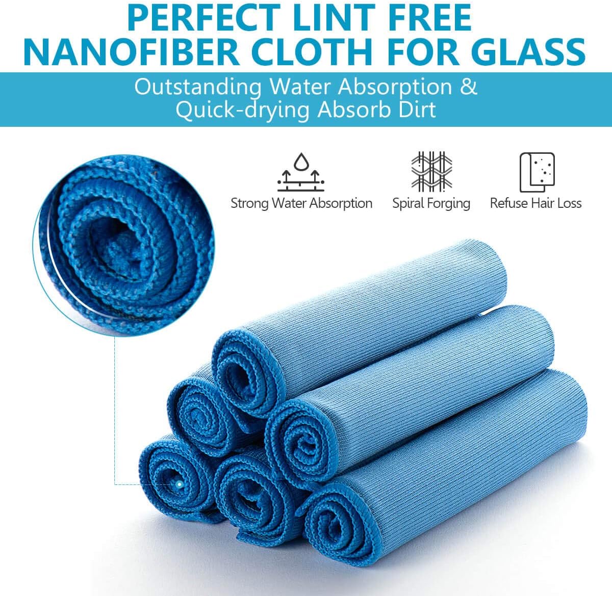ZHIDIAN Window Glass Microfiber Cleaning Cloth - 8Pack Premium Lint Free Mirrors Polishing Rags, Eye Glasses Shower Glass Cleaner Towels, Wipes for Car Windows, Blue-12x12”