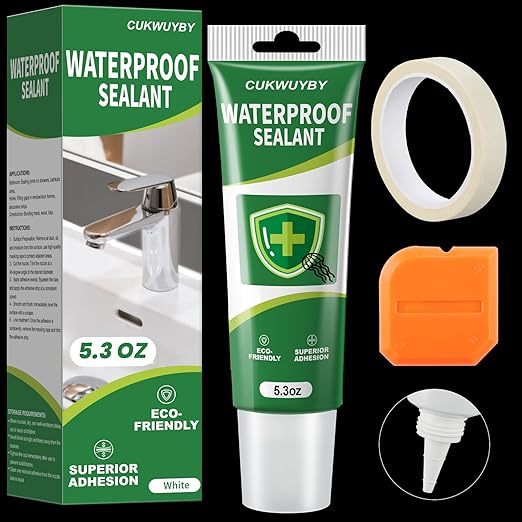 1 Pack Silicone Caulk 5.3 Oz Squeeze Tube Waterproof Silicone Sealant for Kitchen Bathroom Stronger Adhesion White Caulk for Window Toilet Sink Door Caulking Sealant with Tape and Scraper