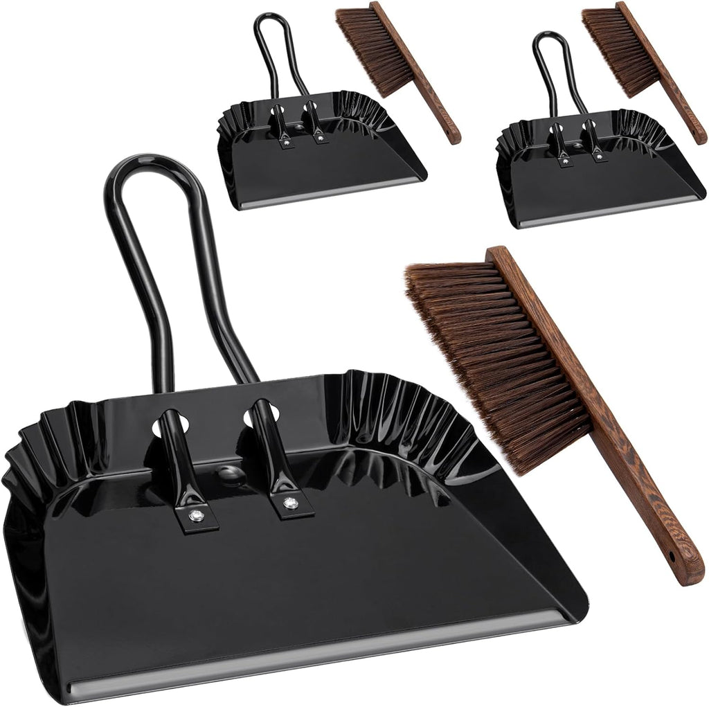 Yangbaga 3pcs Metal Dustpan and Brush Set, 17In Extra Large Handheld Dust Pan and Wood Broom,Heavy-Duty Dust Pans Metal Edge Flat Against Floor for Patio/Pet/Car/Outdoor