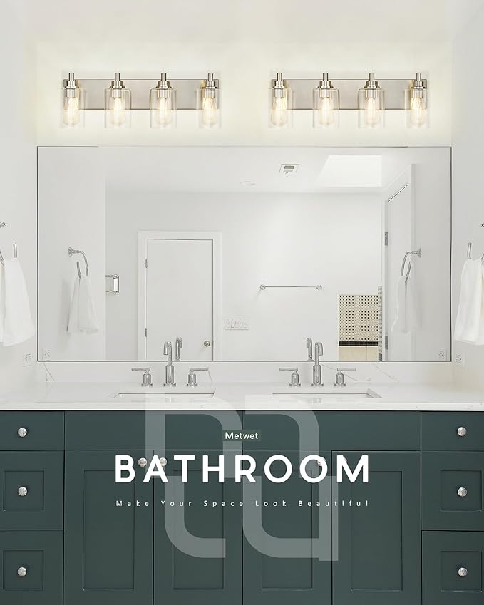 4-Light Bathroom Light Fixtures, Brushed Nickel Vanity Light with Cylinder Clear Glass Shade, Modern Vanity Lighting Fixtures Over Mirror, VL143-BN-4