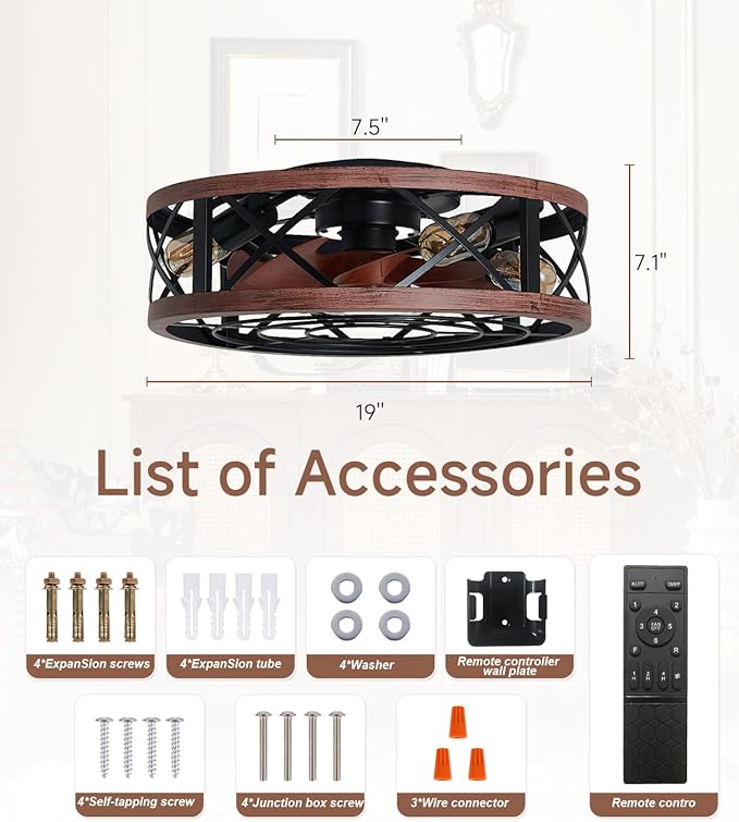 19'' Caged Ceiling Fans with Lights and Remote, Fandelier Ceiling Fan with Light, 6 Speeds and Reversible, Low Profile Ceiling Fan with Light for Bedroom, Living Room and Kitchen