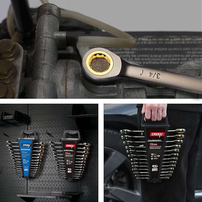 DISEN 26 Piece Ratcheting Wrenches Set 90 Teeth, Combination Wrenches Set Metric 6MM-19MM and SAE 1/4 Inch-13/16 Inch, Cr-V Steel, Ratchet Set Nickel Plating with Organizer Visit the Store