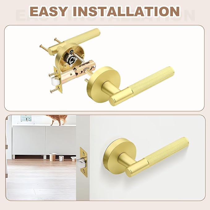 6 Pack Gold Interior Door Handles, Passage Door Lever Without Lock, Modern Round Knruled Door Knobs for Closet and Hall, Reversible Non-Locking Handle Lever