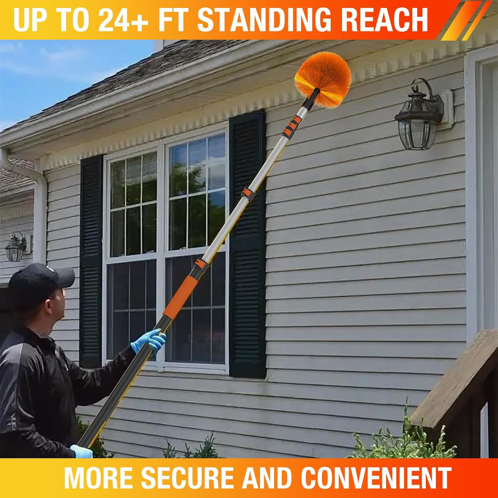 24FT (30FT Reach) Cobweb Duster with Extension Pole, Spider Web Brush for Cleaning Extendable, Professional Ceiling and Corner Dusters for Outdoor Indoor Use