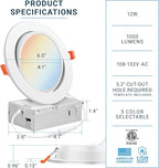 PARMIDA (6 Pack) 6 Inch 5CCT Ultra-Thin LED Adjustable Gimbal Recessed Lighting with J-Box, 2700K/3000K/3500K/4000K/5000K 5 Color Selectable, 12W, Eyeball Canless Slim Panel Lights, Dimmable, IC, ETL