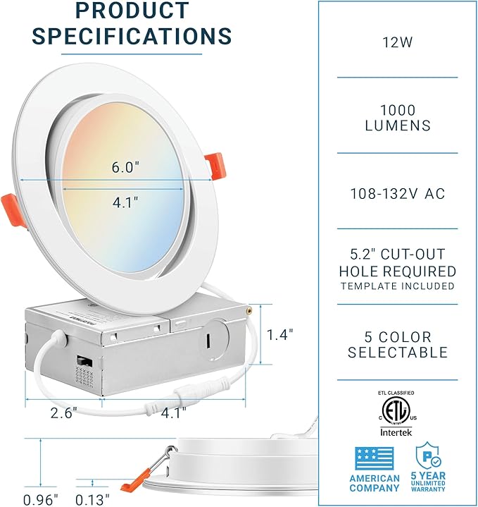 PARMIDA (6 Pack) 6 Inch 5CCT Ultra-Thin LED Adjustable Gimbal Recessed Lighting with J-Box, 2700K/3000K/3500K/4000K/5000K 5 Color Selectable, 12W, Eyeball Canless Slim Panel Lights, Dimmable, IC, ETL