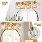 4-Lights Bathroom Light Fixtures, Brushed Gold Modern Vanity Light Over Mirror, Bathroom Wall Lamp for Mirror Kitchen Living Room Hallway Porch, Farmhouse Wall Lights with Clear Glass Cage Shade