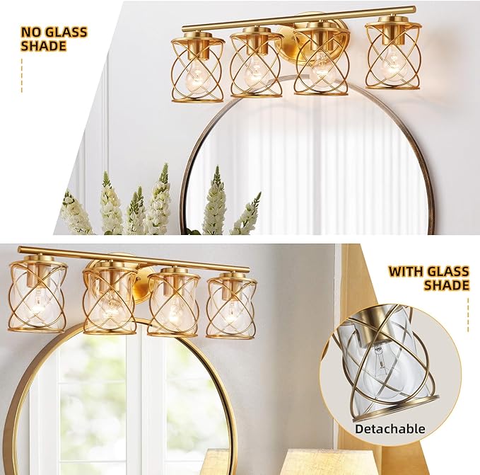 mavcadonf Bathroom Vanity Light Fixtures Over Mirror, 4 Lights Modern Bathroom Wall Lamp for Mirror Kitchen Living Room Hallway Cabinet Porch, Farmhouse Wall Lights with Cage Shade, Brushed Gold