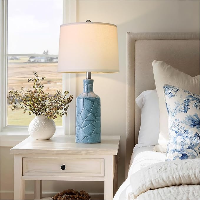 PoKat 26'' Farmhouse Ceramic Table Lamps Set of 2, Blue Bedside Lamps for Living Room, Nightstand Lamps for Bedroom Night Stands, Bedroom Lamps for Side Table End Table Hallway, Blue