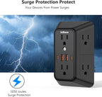 Surge Protector Outlet Extender, 6 Outlet Extender with 4 USB Charging Ports (2 USB C), 3 Sided Multi Plug Wall Adapter for Home, Office, Travel-2 Pack,Black