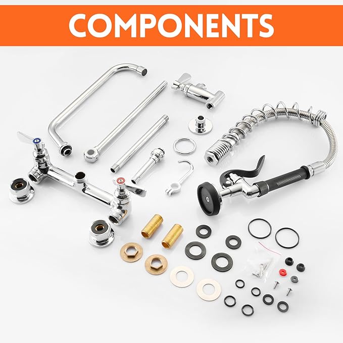 25" Height Commercial Faucet Wall Mount with Sprayer 8" Adjustable Center 12" Swing Spout, Wall Mount Kitchen Sink Faucet with Pull Down Pre-Rinse Sprayer for 1/2 Compartment Sink