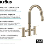 KRAUS Oletto Touchless Sensor Bridge Kitchen Faucet with Pull-Down Sprayhead in Spot-Free Antique Champagne Bronze, KSF-3122SFACB