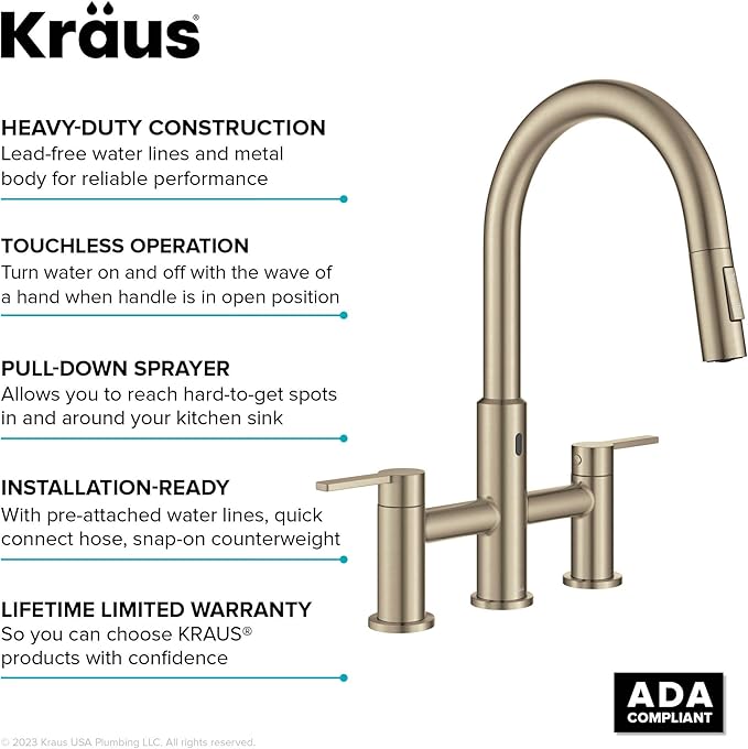 KRAUS Oletto Touchless Sensor Bridge Kitchen Faucet with Pull-Down Sprayhead in Spot-Free Antique Champagne Bronze, KSF-3122SFACB