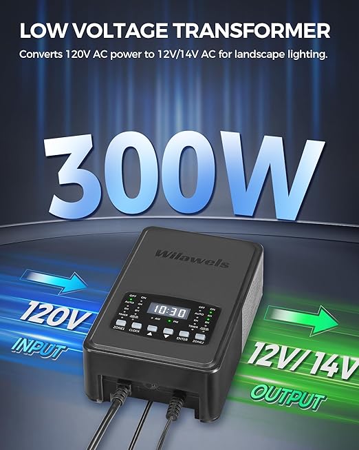300W Low Voltage Landscape Transformer, 2 Zone Independent Control Landscape Lighting Transformer, 120VAC to 12/14V AC Low Voltage Transformer with Timer & Photocell Sensor ETL Listed D22LT06