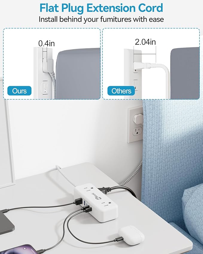 Power Strip with USB C, Flat Plug Extension Cord 3ft, 4 Outlets & 2 USB-A and 3 USB-C Ports 4.8A/24W Charging Station, 2 Sides Outlet Extender Compact for Tablet Laptop Computer Multiple Device