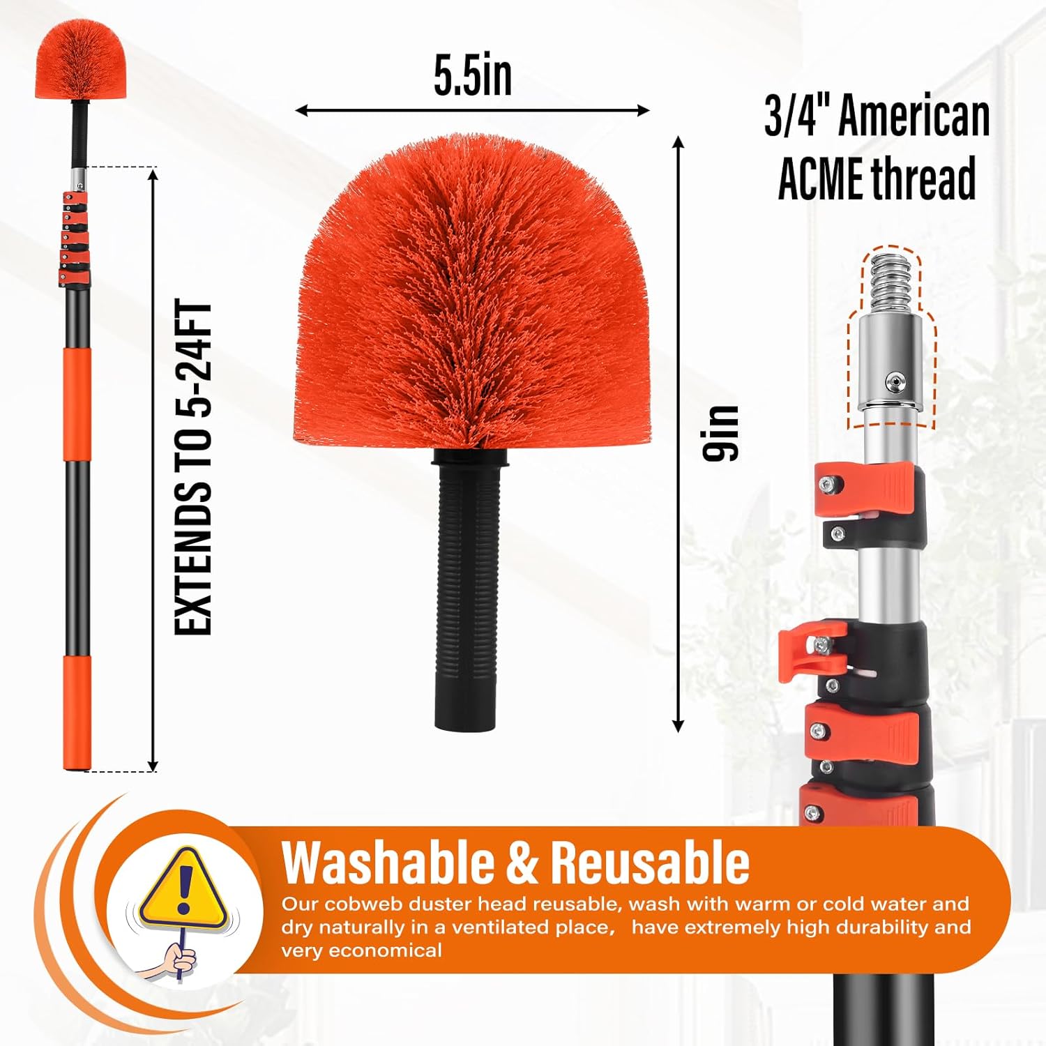 30FT Reach Cobweb Duster with Extension Pole,Spider Web Brush for Cleaning with 5-24FT Telescoping Pole,5-Stage Lightweight & Sturdy Telescopic Web Cobweb Duster Pole for Outdoor Indoor Use