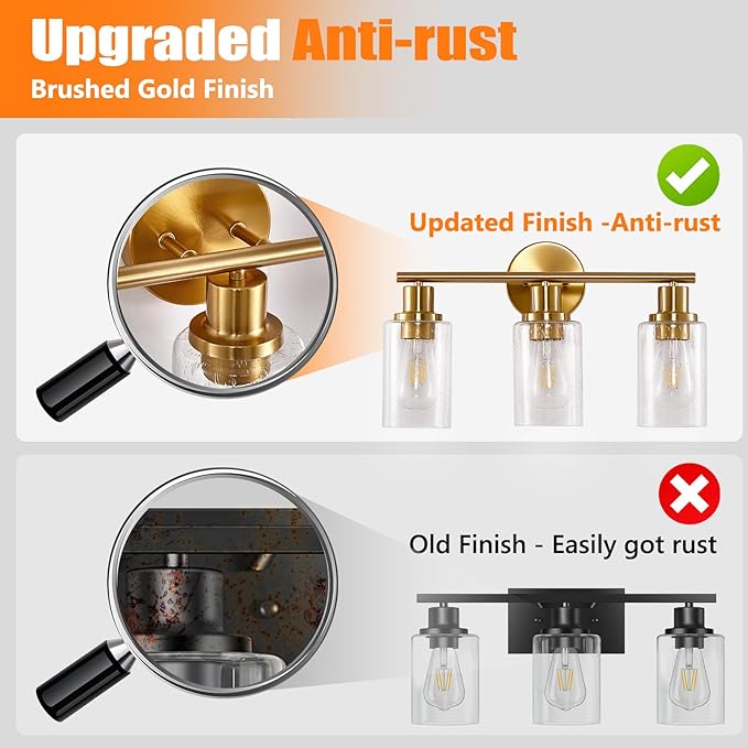 DLLT 3-Light Bathroom Light Fixtures: Gold Modern Vanity Wall Lights with E26 Bulbs - Bubbled Glass Shade Bathroom Wall Lamp for Mirror Kitchen Living Room Hallway Cabinet Porch