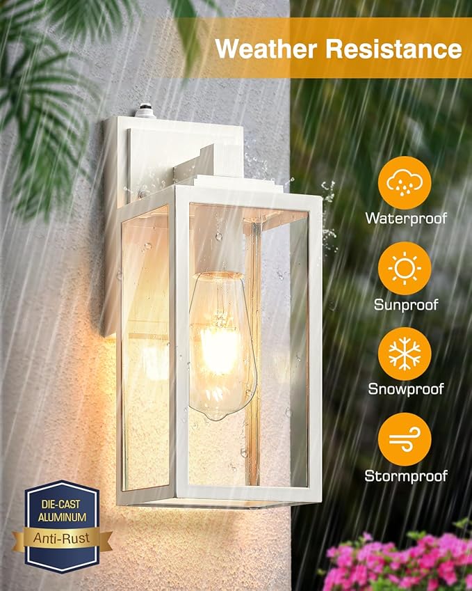 VIANIS Outside Lights for House Wall Mount, White Dusk to Dawn Outdoor Lighting Fixtures, Waterproof Anti-Rust Aluminum Porch Lights with Tempered Seed Glass, Modern Outdoor Wall Lantern for Garage