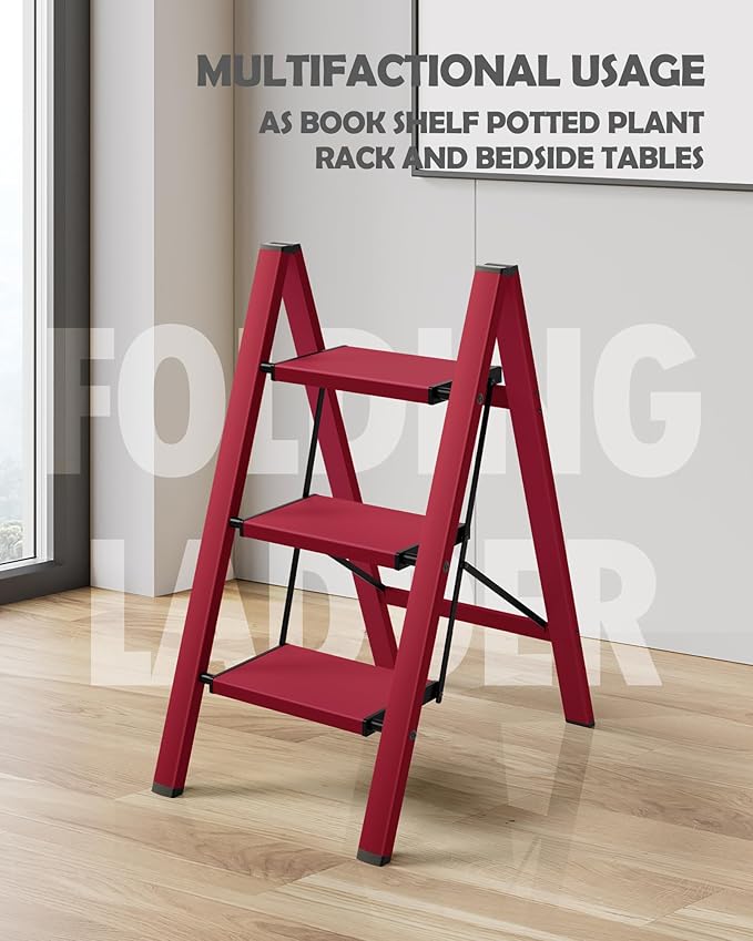 Taranta 3 Step Ladder,Aluminum Lightweight Folding 3 Step Stool with Anti-Slip Wide Pedal,330lbs Capacity Step Ladder for Household,Kitchen,Office - Red
