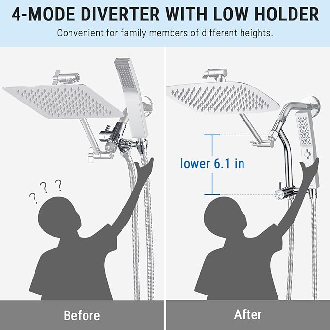 G-Promise All Metal 10 Inch Shower Head with Massage Mode Handheld, Rain Shower Head with Handheld Spray Combo, 3-Way Diverter with Pause Setting, 11 Inch Adjustable Extension Arm (Chrome)