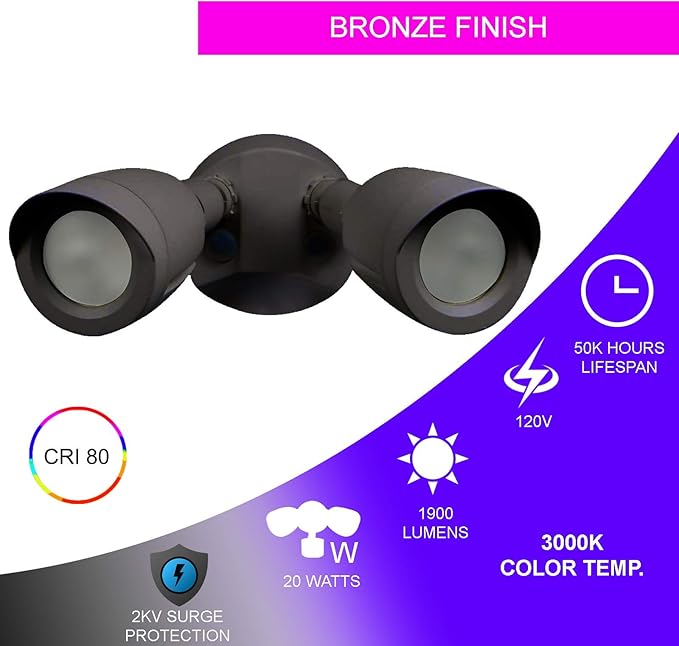 Ciata Flood Lights Outdoor, 20-Watt LED Bullet Head Security Flood Lights, Dual Head, RoHS and FCC Complaint, IP65 Rated, 1900 Lumens, 2KV Surge Protection, Die-Cast Aluminum in Bronze Finish – 3000K