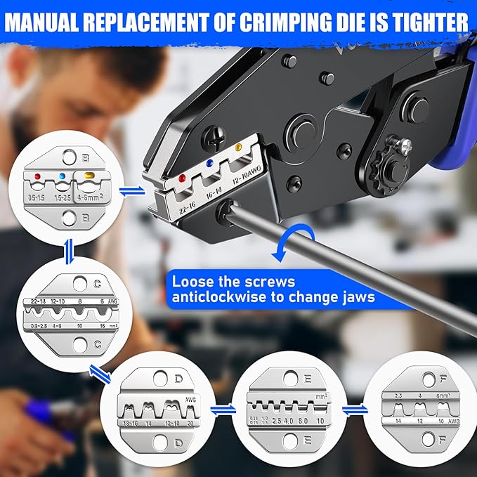Crimping Tool Set 6PCS - Ratchet Wire Crimping Tool for Heat Shrink,Insulated Nylon,Non-Insulated,wire ferrules,Open Barrel Terminals,Solar Connectors - Crimper with 6 Interchangeable Die