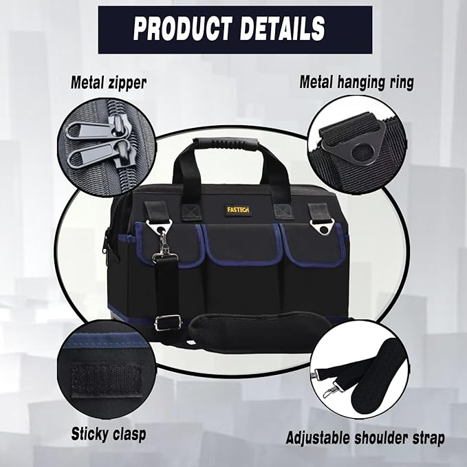FASTECH 22 Inch Tool Bag, Waterproof Wide Mouth Tool Kit, Heavy Duty Tool Bag Organizer With Shoulder Straps and Molded Base, Tool Storage Package For Screwdrivers, Pliers, Nut Drivers (DarkBlue22IN)