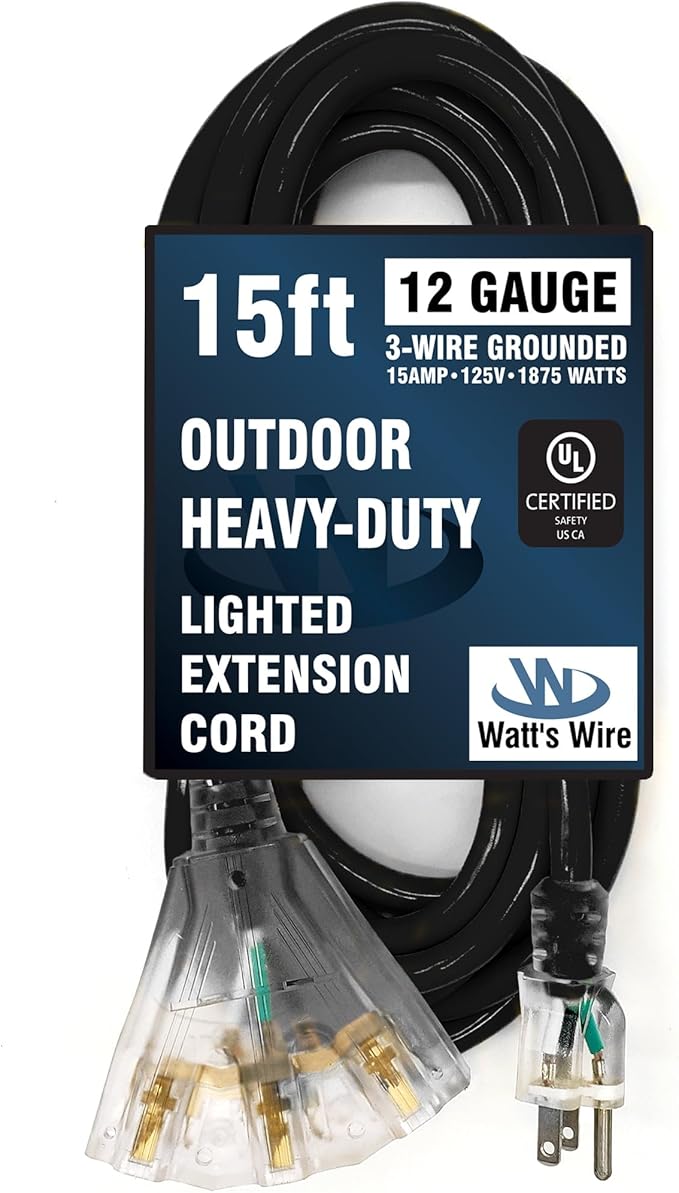 Outdoor Extension Cord Waterproof (15 ft) 12 Gauge Heavy Duty Extension Cord Splitter - Lighted Outdoor Extension Cords with Multiple Outlets - Watts Wire - 15' Grounded - extensiones electricas