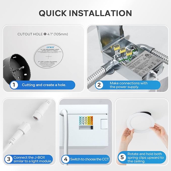 LVWIT 12 Pack Ultra-Thin Recessed Lighting 4 Inch with Junction Box, 800LM 2700K-5000K 5CCT LED Ceiling Lights, Dimmable Canless Wafer Downlight, ETL,FCC&IC, Smooth Trim