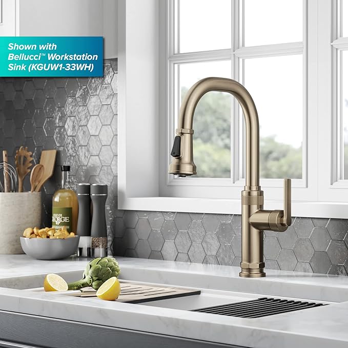 KRAUS Allyn Industrial Pull-Down Single Handle Kitchen Faucet in Spot-Free Antique Champagne Bronze, KPF-4102SFACB