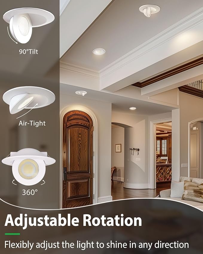 zouzai 6 inch 5CCT Gimbal Led Recessed Lights, 360°+90° Adjustable Directional Recessed Lighting, 2700K/3000K/3500K/4000K/5000K Dimmable Retrofit Eyeball Can Lights with Jbox, ETL(White, 6 Pack)