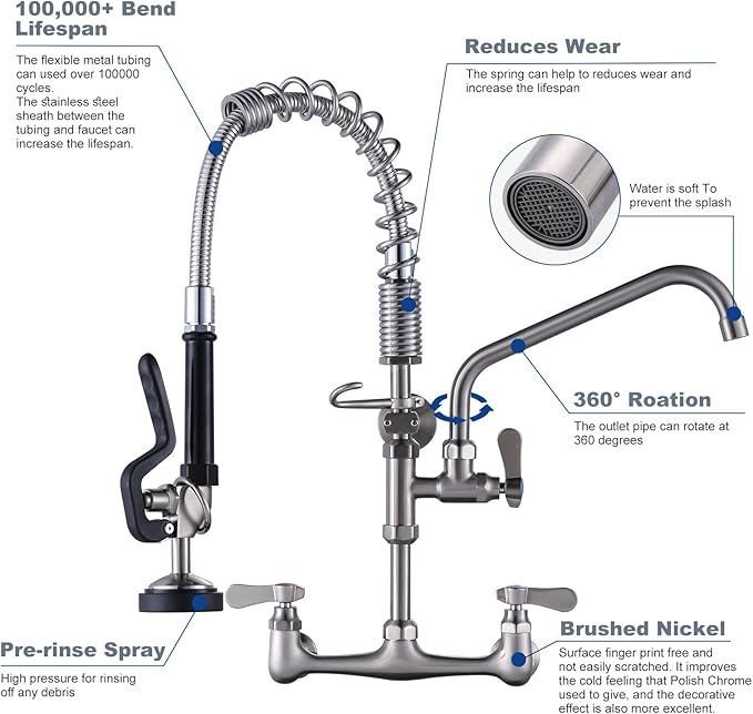 [New Upgrade] Brushed Nickel 21" Height Commercial Kitchen Faucet with Pre-Rinse Sprayer 8 Inch Center Wall Mount Kitchen Sink Faucet with 10" Add-on Swing Spout for 1/2 Compartment Sink