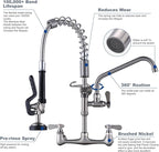 [New Upgrade] Brushed Nickel 21" Height Commercial Kitchen Faucet with Pre-Rinse Sprayer 8 Inch Center Wall Mount Kitchen Sink Faucet with 10" Add-on Swing Spout for 1/2 Compartment Sink