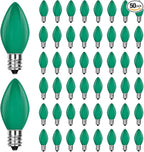 50 Pack C7 Ceramic Green Christmas Replacement Bulbs, 5 Watt Incandescent Bulbs for Outdoor String Lights, C7 Christmas Night Light Bulbs for Porch Patio Garden Holiday Decor, E12 Intermediate Base