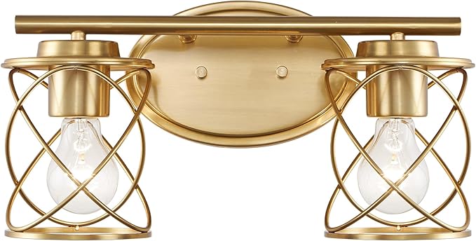 Mavcadonf Modern Vanity Lights with Cage Shade, 2 Lights Over Mirror, Brushed Gold Vanity Light for Bathroom, Kitchen, Bedroom