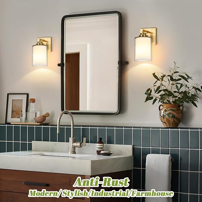 Set of 2 Wall Sconces for Bathroom, Modern Vanity Light Fixtures, Gold Wall Mount Lighting Lanterns, Farmhouse Wall Lights with Double Clear Glass Shade for Bedroom Living Room Mirror Hallway
