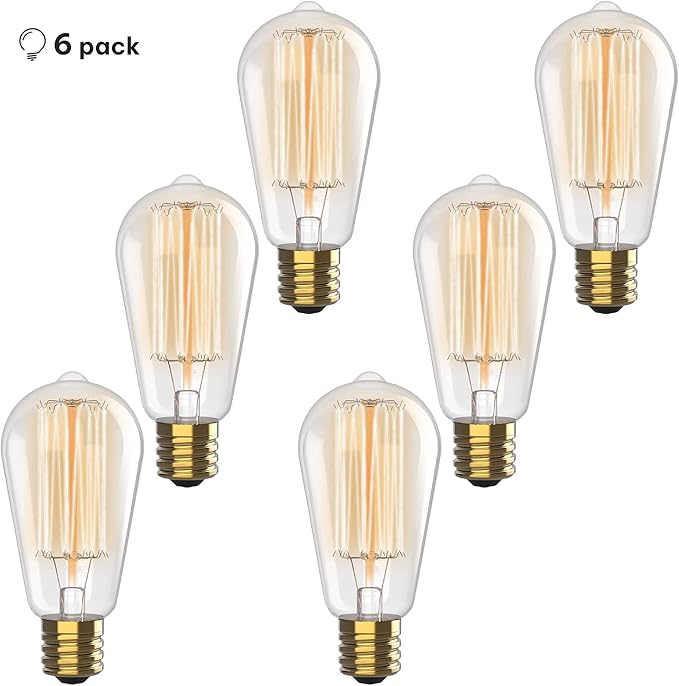 Vintage Edison Incandescent Light Bulbs - 6-Pack 60W, E26/E27, Dimmable 2100K Antique Filament Lamp - ST64 Squirrel Design for Indoor & Outdoor Use