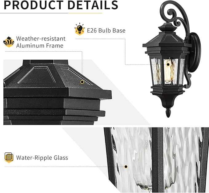 Darkaway Outdoor Wall Light, 22.6inch Large Outside Wall Sconce Light Anti-Rust Waterproof Aluminum with Water Ripple Glass for Patio Yard Doorway Garage