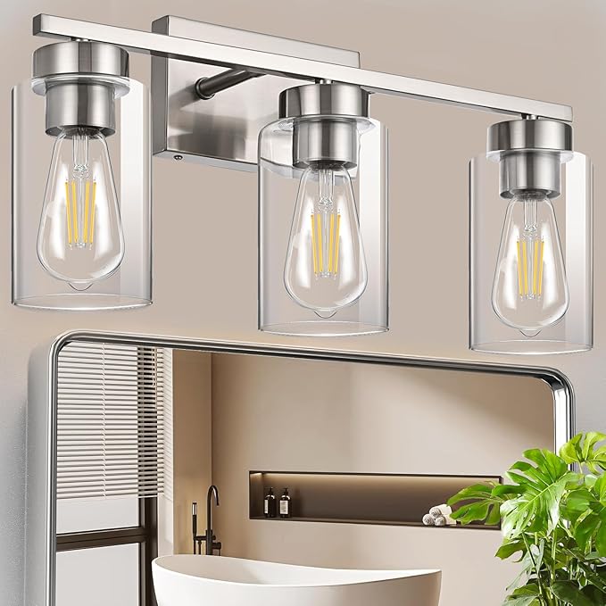 3-Light Bathroom Vanity Light, Modern Brushed Nickel Wall Lights with Clear Glass Shades, Bathroom Wall Sconce Lamp for Mirror Living Room Bedroom Hallway
