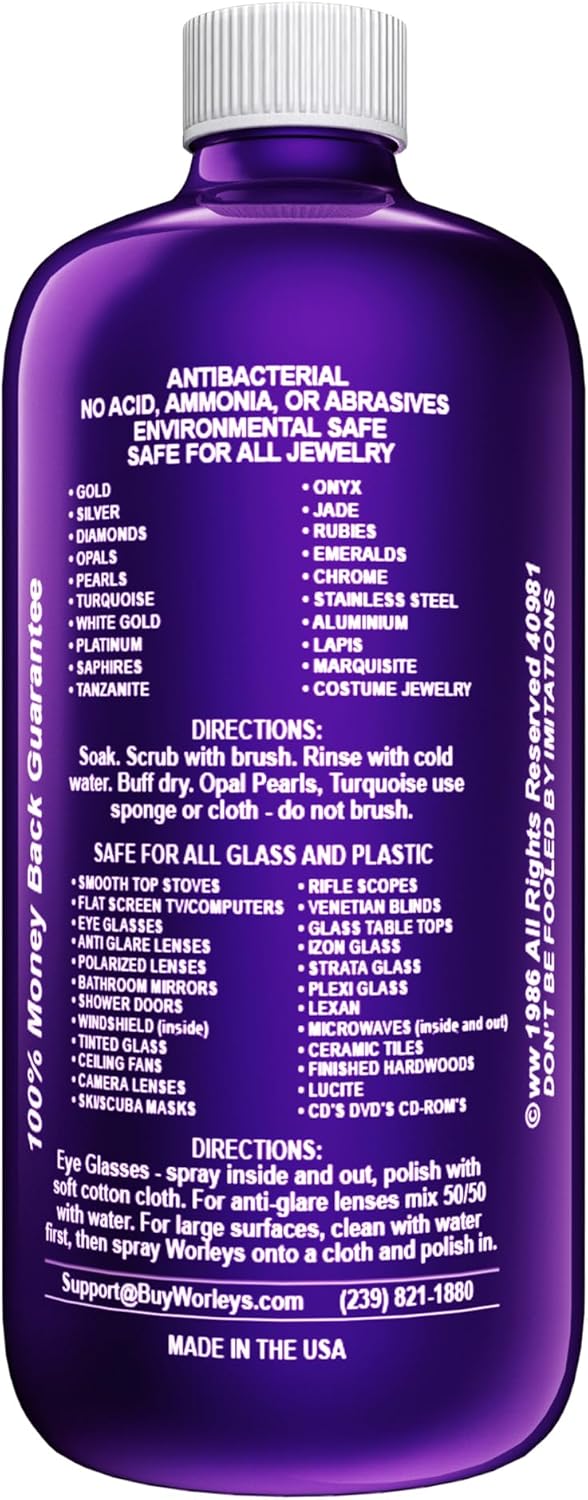 Worley's Wonder Jewelry & Glass Cleaner - Jewelry Cleaner Spray for Gold, Silver, Diamonds, Gemstones, Glass, Marble, Electronics (32 Ounce Refill Bottle - Pack of 2)