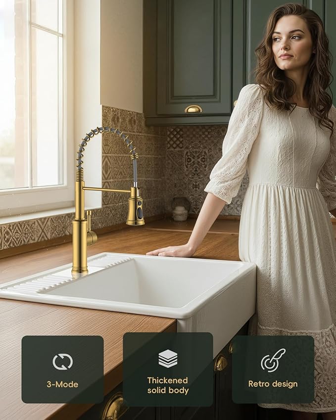 DAYONE Antique Brushed Gold Kitchen Sink Faucet with Pull Down Sprayer, 3 Modes Stainless Steel Spring Vintage Sink Faucet for Farmhouse Kitchen Bar Camper 1 or 3 Holes Single Handle