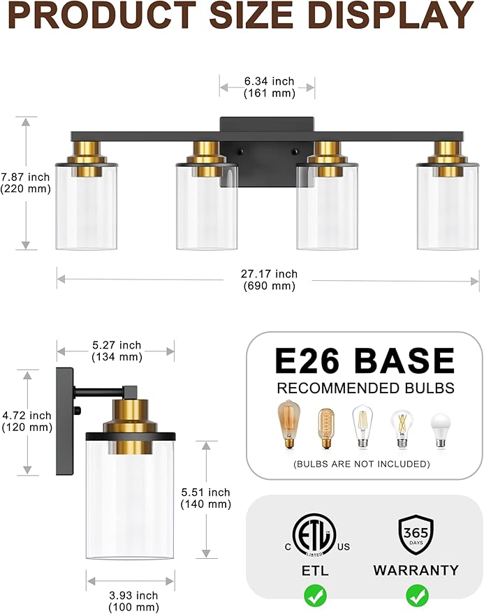 DORESshop 4-Light Black and Gold Vanity Lights with Clear Glass Shade, Over Mirror for Bathroom, Hallway, Bedroom, Living Room, ETL Listed
