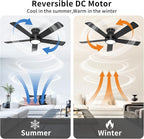 52 Inch Black Ceiling Fans with Lights and Remote, LED Low Profile Flush Mount Ceiling Fan for Bedroom, Living Room, with Quiet DC Motor, Dimmable 6 Speeds