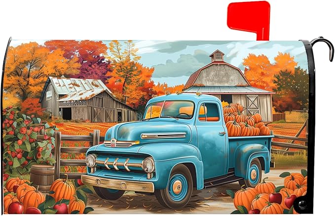 Kawani Fall Mailbox Cover - Autumn Harvest Thanksgiving Pumpkin Farm Truck Magnetic Standard Size 25.5x21 Inch Rustic Waterproof Post Box Wrap Garden Yard Decor for Outdoor