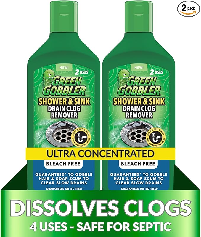Green Gobbler Ultra Concentrated Drain Clog Remover & Cleaner | Powerful Hair, Grease & Soap Dissolver for Bathroom, Kitchen, Shower, Sink & Toilet | Safe for Pipes & Septic Systems | 2 Pack