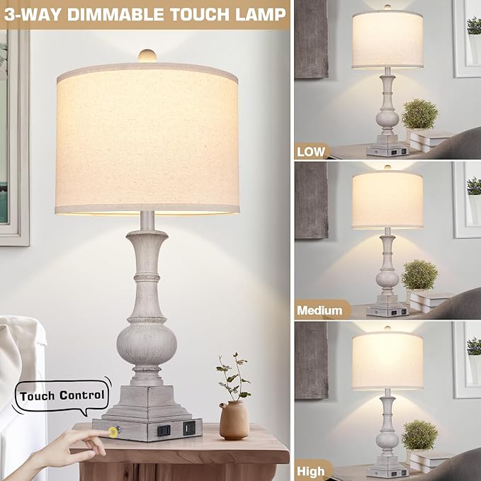 26" Farmhouse Lamp with 2 USB Ports & AC Outlet, Vintage Rustic Touch Control Bedside Lamp, Resin 3-Way Dimmable Nightstand Lamp Fabric Shade for Living Room Bedroom Decor Gray(LED Bulb Included)