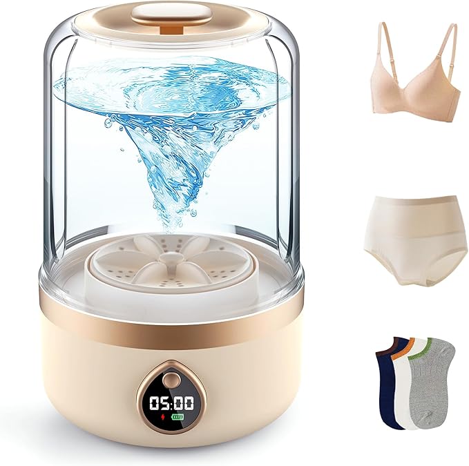 Portable Washing Machine, 1.5L Underwear Washer Rechargeable Cordless Makeup Sponges Cleaner Deep Clean Socks, Underwear, Baby Clothes, Washing Machine for Apartment, Dorm, Camping (Beige)