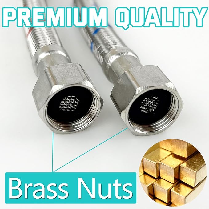 24" Length Bathroom Kitchen Faucet Connector Water Supply Line, Durable Braided Steel Hot and Cold Water Lines Faucet Hose 3/8" female compression thread x M10 male connector