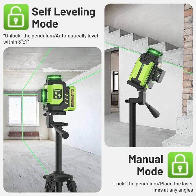 Huepar Laser Level 3x360 Self Leveling with 2 Rechargeable Batteries, 3D 12 Lines High Brightness Green Laser Level for Construction or Home Renovation, LS03CG